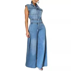 Leisure Washed-out Sleeveless Denim One-piece Wide-leg Pants Women - Blue - View 1