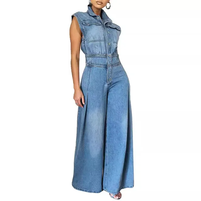 Leisure Washed out Sleeveless Denim One piece Wide leg Pants Women Blue - Shop at LoveMi