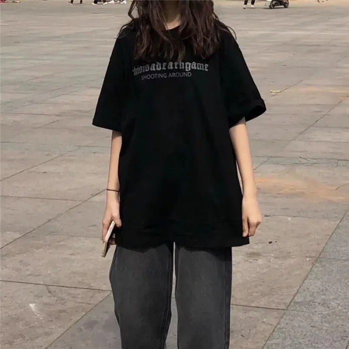 Loose Korean Style Short Sleeve T-shirt Women's Design Sense - D032086 Black