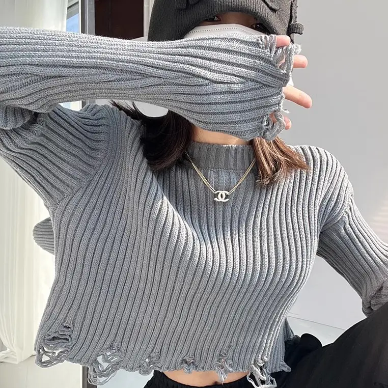Womens High-Waisted Pullover Cropped Knit Sweater