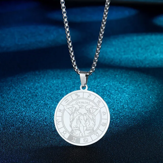 Stainless Steel Constellation Pendant Necklace Gold Medal Necklace Gemini Silver - Shop at LoveMi