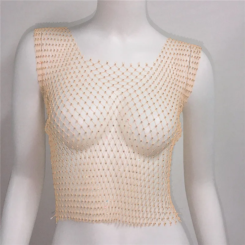 Rhinestone Mesh Sleeveless Square Neck T-shirt Rhinestone Fishnet Top - Skin Color-Average Size