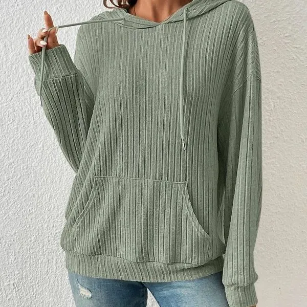 Fashion Drawstring Long sleeved Hooded Sweatshirt With Pockets Solid Sunken Stripe Hoodie Knitwear Womens Clothing Green - Shop at LoveMi