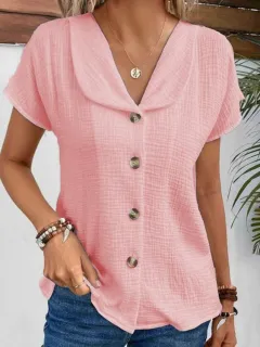 Solid Colour Fashion Short Sleeve Cardigan Button Women's Top - Peach-S - View 1