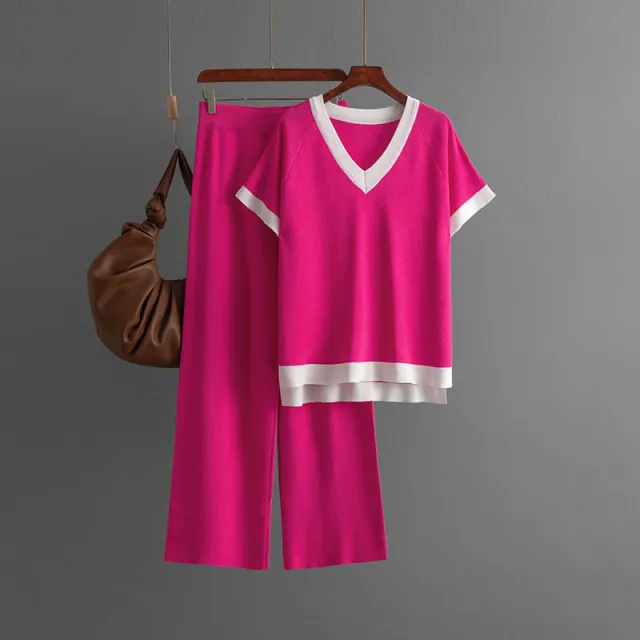 V neck Short sleeved Sweater Slimming Draped Pants Knitted Rose Red - Shop at LoveMi