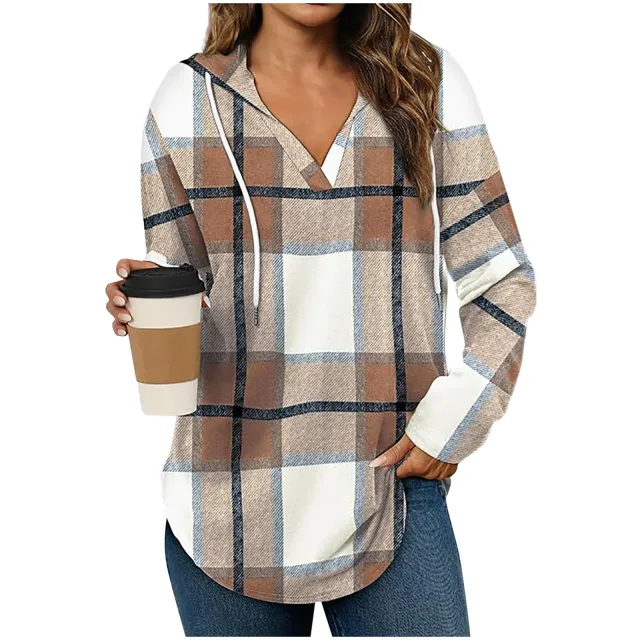 Hooded Pullover V neck Adjustable Drawstring Casual Plaid Long Sleeve Khaki - Shop at LoveMi