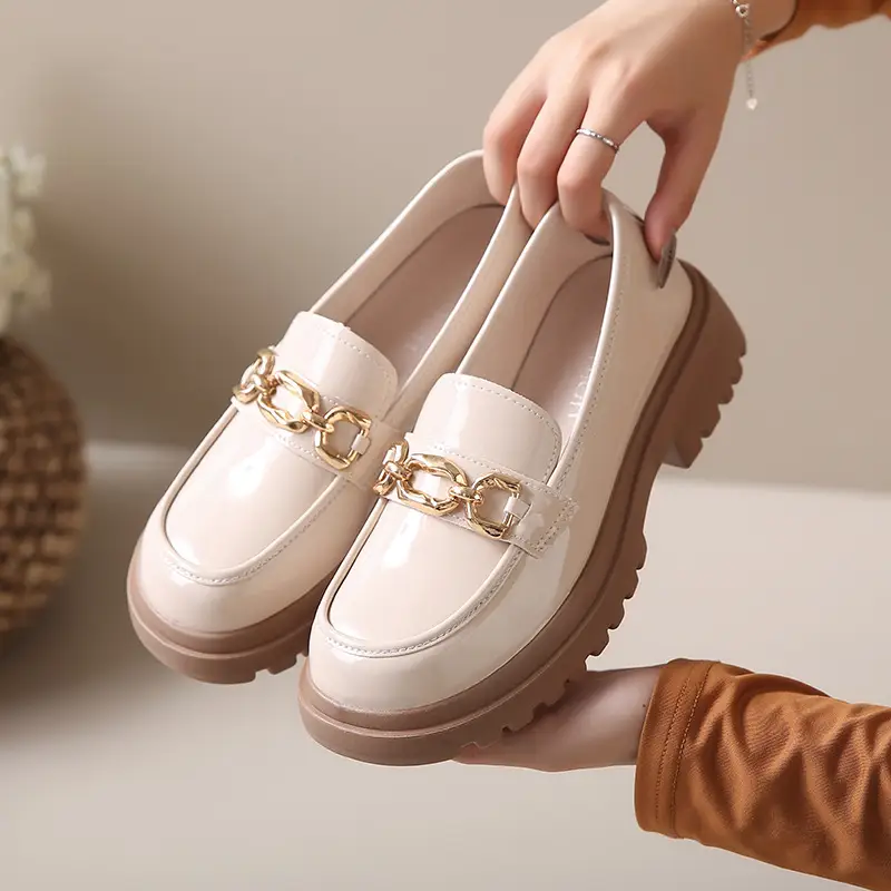 Womens Chunky Soled Slip On All Match British Style Ultra Light Leather Shoes