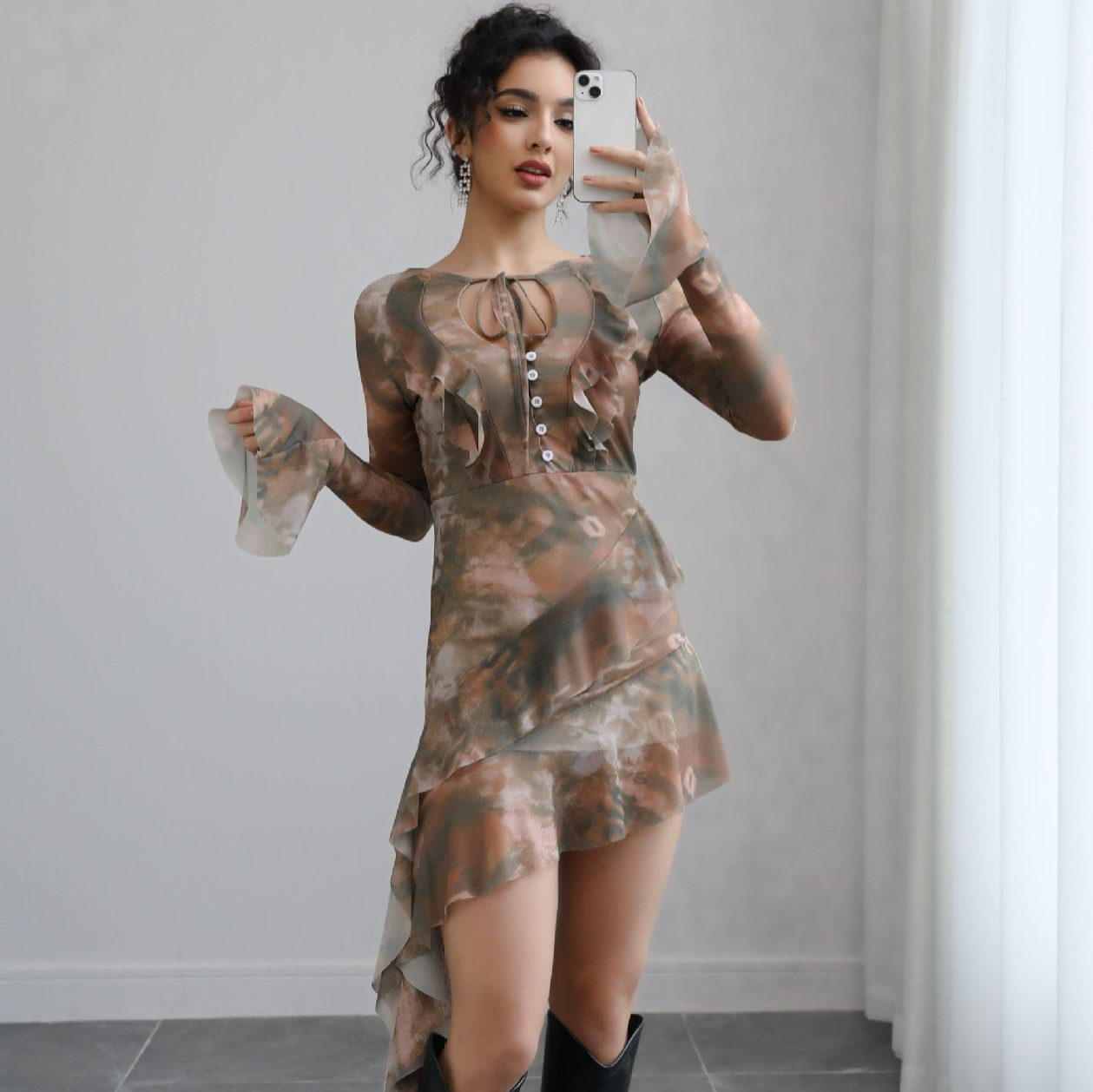 Fashion Hollow-out Lace-up Flared Sleeve Slim-fit Tie-dye Printed Mesh Dress Women Irregular Mesh Skirt