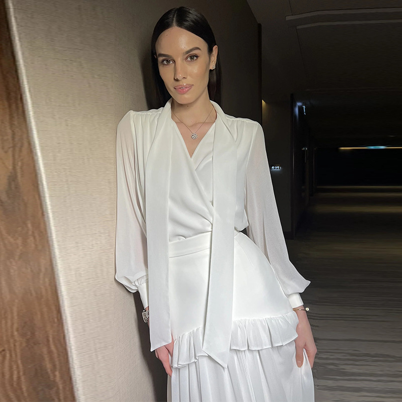 Women's Lace-up Long Sleeve Shirt High Waist Skirt Suit