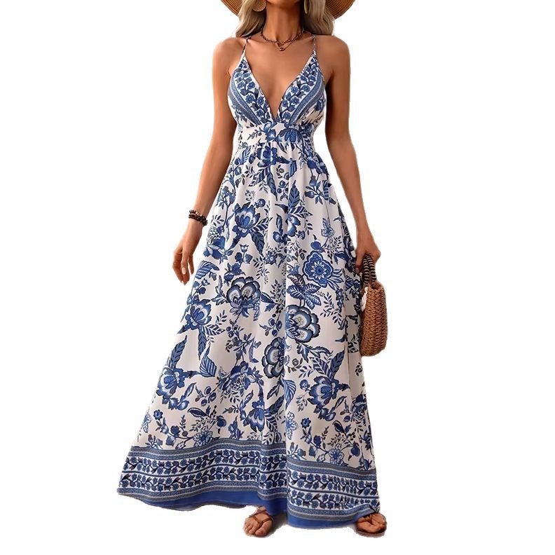 European And American Bohemian Floral Printed V-neck Backless Sling Casual Dress