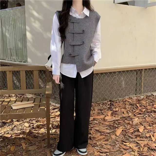 Retro Solid Color Loose And Irregular Sleeveless Knitted Vest White Shirt - Shop at LoveMi