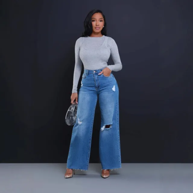 Women's Ripped High Waist Loose Straight Wide Leg Jeans Dark Blue - Shop at LoveMi