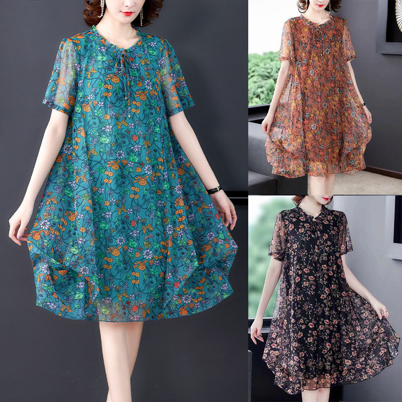 Small Floral Chiffon Mesh Western Style Mid-length Dress With Lining