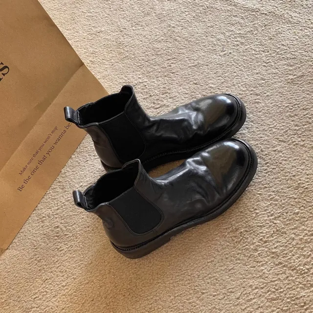 Washed Horse Leather Pleated Chunky Heel Platform Smoke Pipe Boots For Women Black - Shop at LoveMi