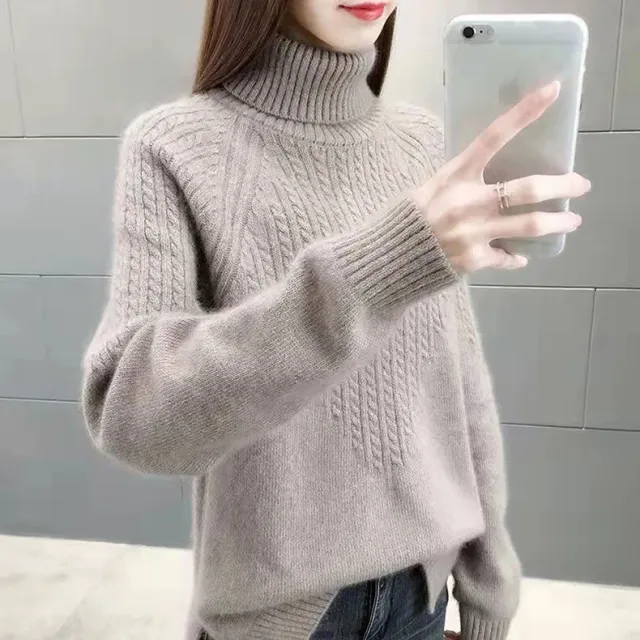 Twist High Collar Bottoming Sweater Women's Loose Solid Color Sweater Khaki - Shop at LoveMi