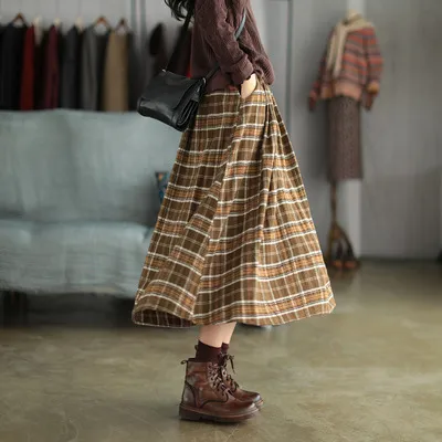 Ancient Coffee Clothing Artistic Brushed Plaid Skirt Retro Loose A Line Coffee Color Lattice - Shop at LoveMi
