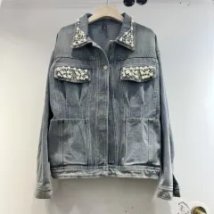 Vintage Denim Jacket Women's Washed Waist Heavy Industry Beads - Blue - View 1