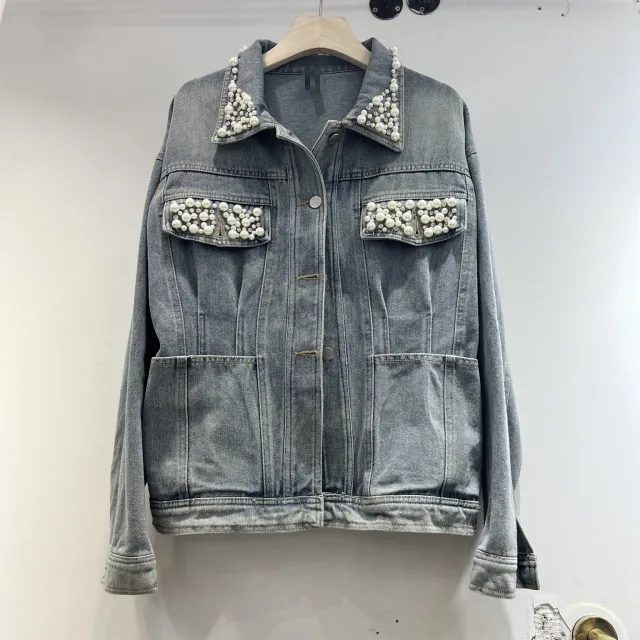 Vintage Denim Jacket Women's Washed Waist Heavy Industry Beads Blue - Shop at LoveMi