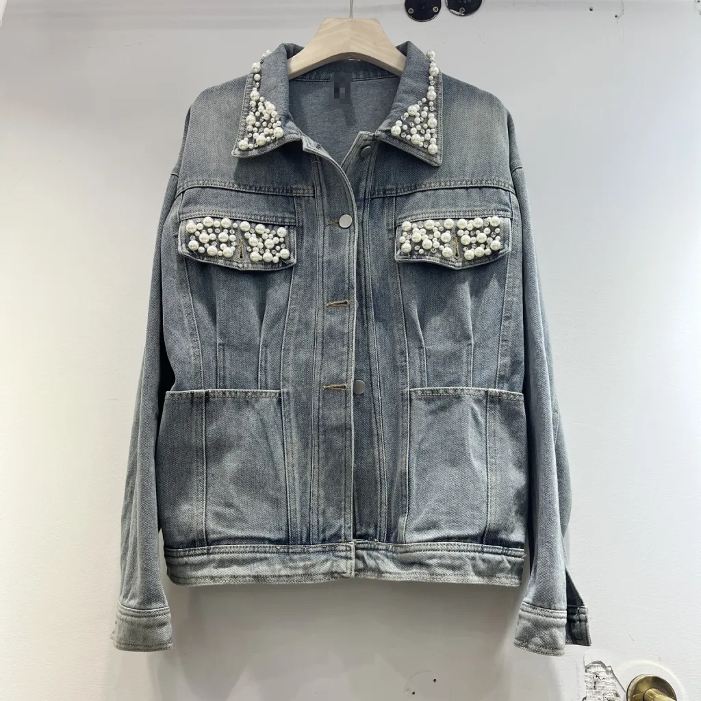 Vintage Denim Jacket Women's Washed Waist Heavy Industry Beads - Blue