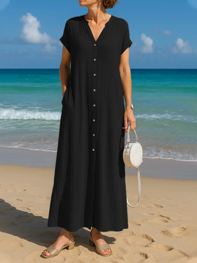 Stylish Solid Colored Cotton Linen V Neck Short Sleeve Shirt With Pockets And Extended Length Black - Shop at LoveMi