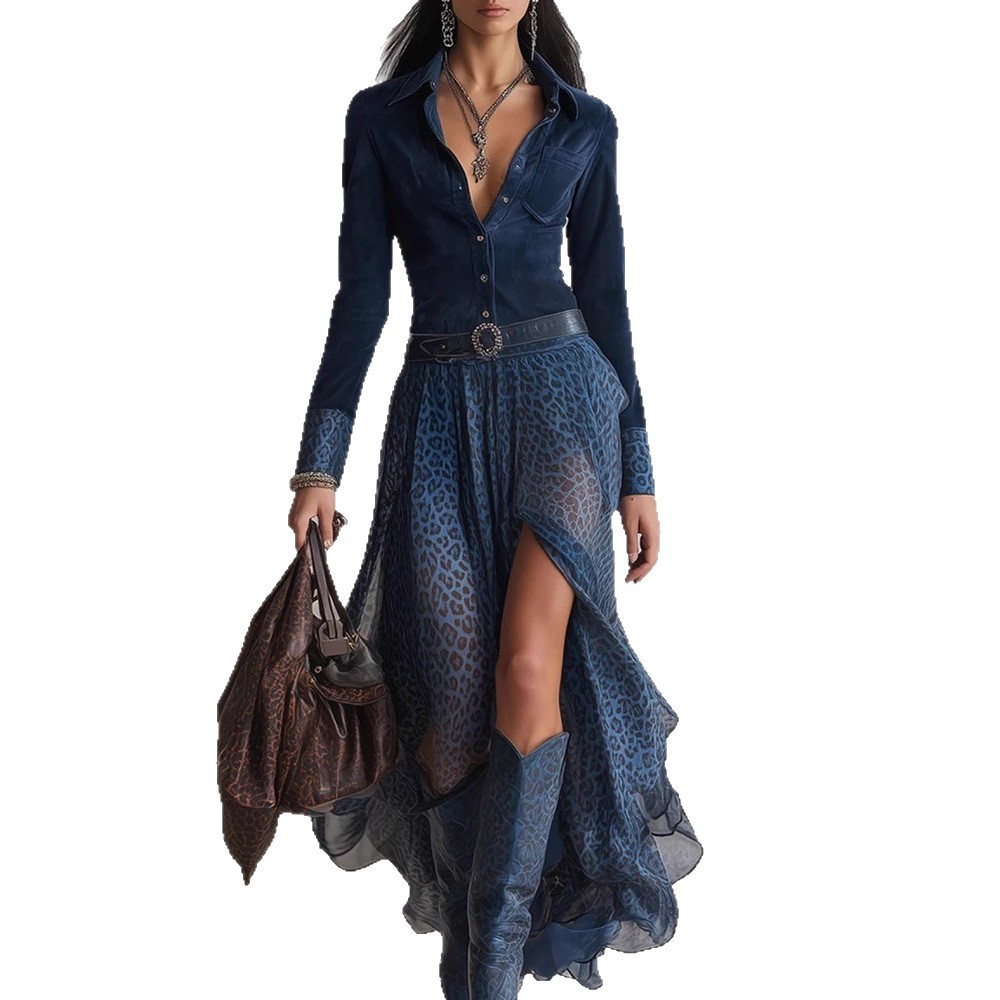 New FallWinter Fashion Casual Polo-Neck Patchwork Long-Sleeve Dress