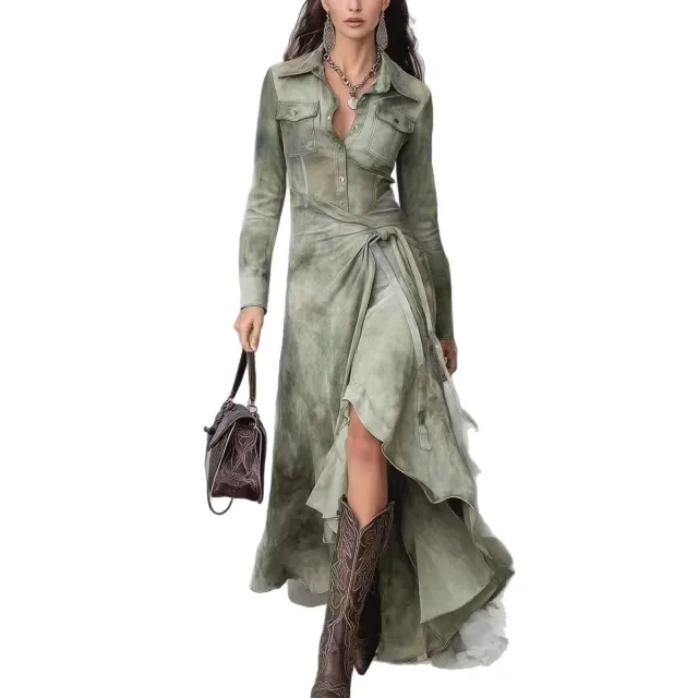 Women's Printed Loose Long Sleeve Shirt Dress Light Green - Shop at LoveMi