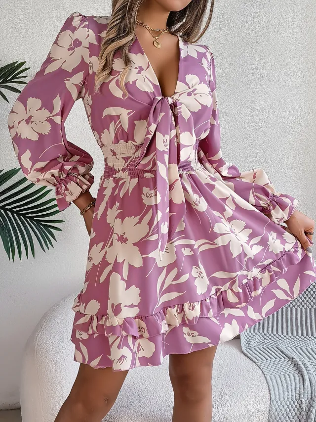 Women's Casual Flower Half Sleeve Ruffled A line Dress Light Purple - Shop at LoveMi