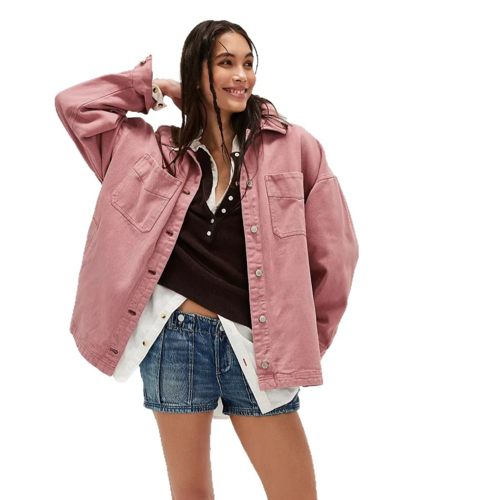 Casual Versatile Pocket Side Slit Denim Women's Coat - Pink