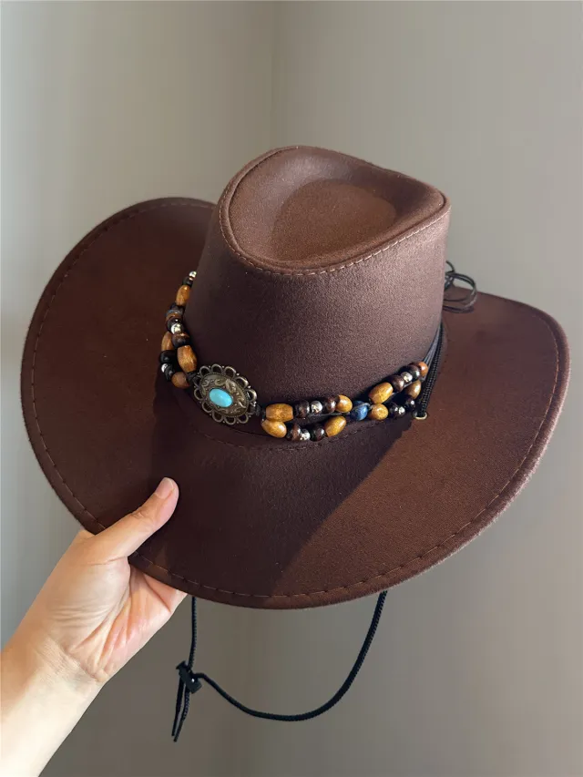 Turquoise Decorative Western Cowboy Hat Female Sun Hat With Wide Brim Brown - Shop at LoveMi