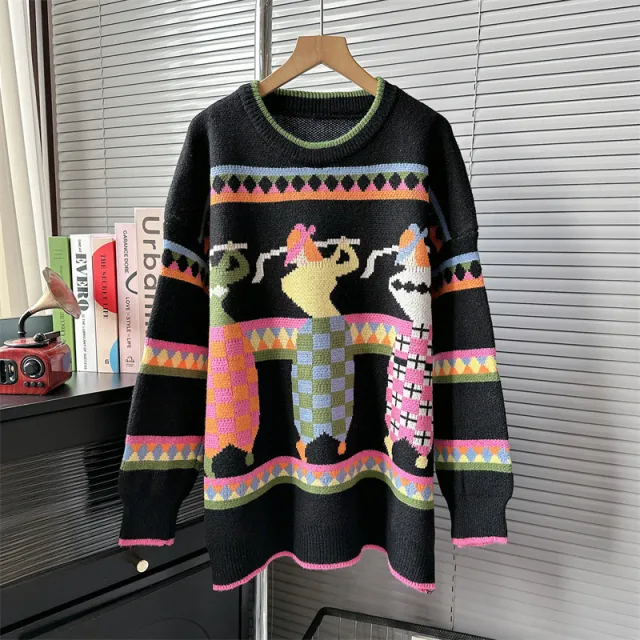 Women's American style Retro Design Niche Round Neck Sweater Black - Shop at LoveMi