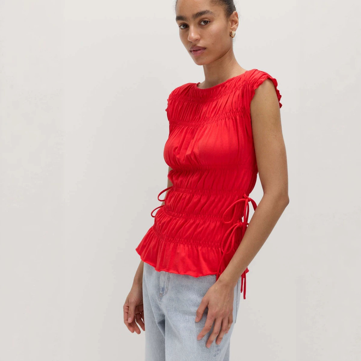Ruffled Lace-up Design Round-neck Sleeveless Top