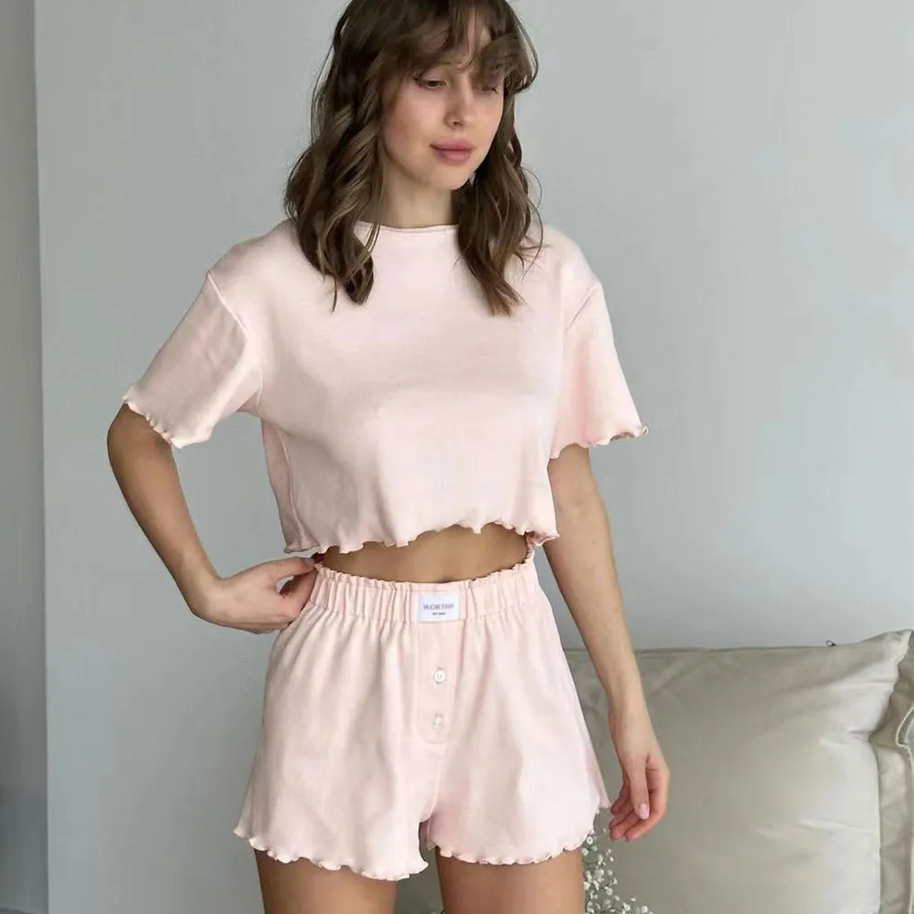 Ruffled Short Sleeve Suit Summer Elastic-band Shorts And Round Neck Cropped Top Fashion Women's Clothing - Skin Color-S