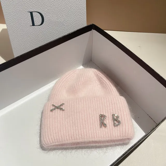Winter RB Letter Fashion Rabbit Fur Knitted Warm Hat Female Pink - Shop at LoveMi