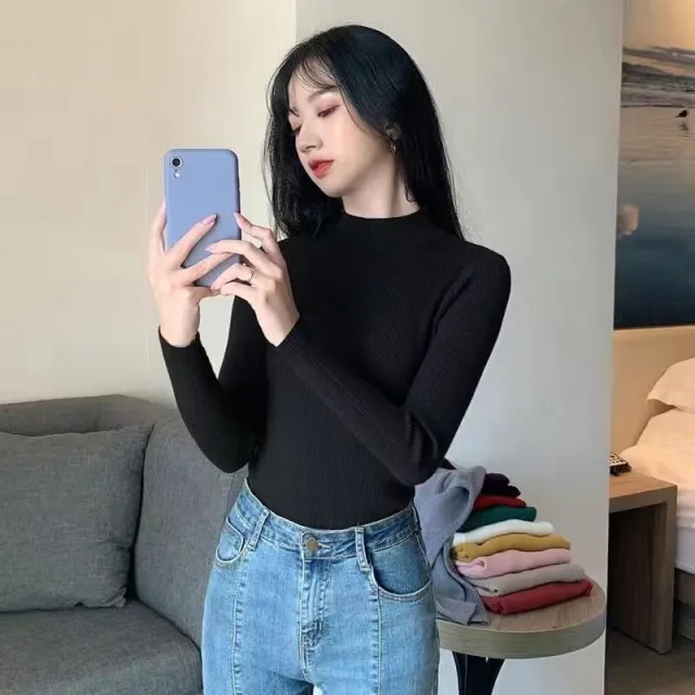 Autumn And Winter New Half Turtleneck Slim Fit Long Sleeve Inner Wear Knitwear For Women Black - Shop at LoveMi