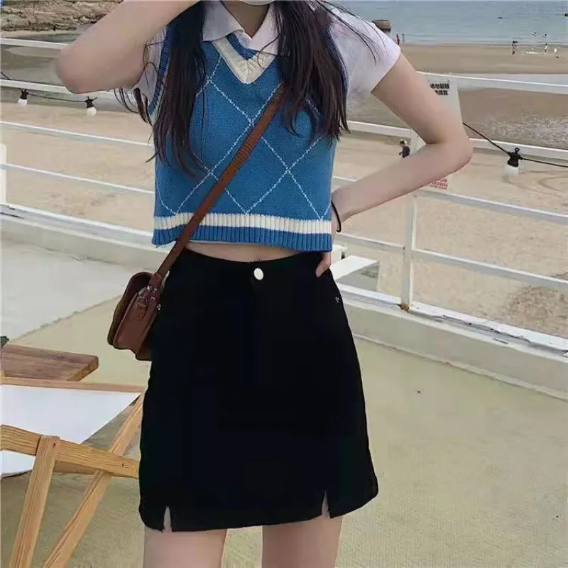 Slit Black Denim Skirt For Women - 8878 Black Denim Split Skirt