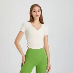 Fitness V-neck Yoga Jacket Women's Short Sleeve - Apricot - View 1