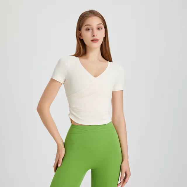 Fitness V neck Yoga Jacket Women's Short Sleeve Apricot - Shop at LoveMi
