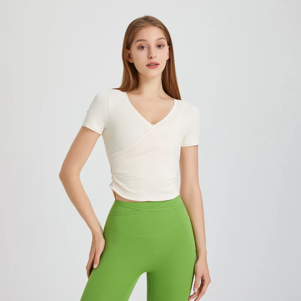 Fitness V-neck Yoga Jacket Women's Short Sleeve - Apricot