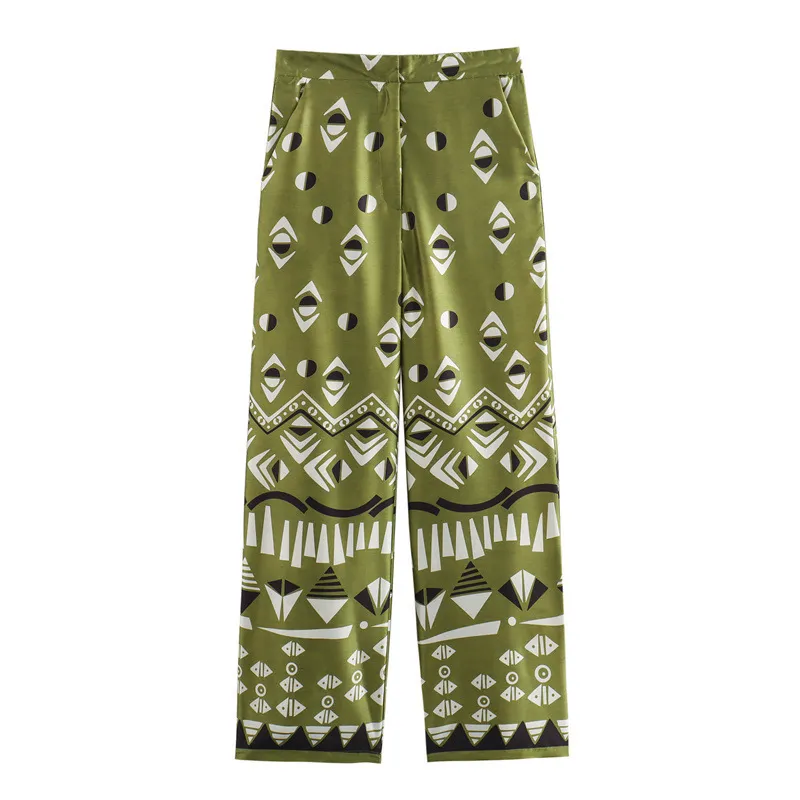 Summer New European And American Style Silk Satin Texture Positioning Printed Shirt Pants - Pants-Xs