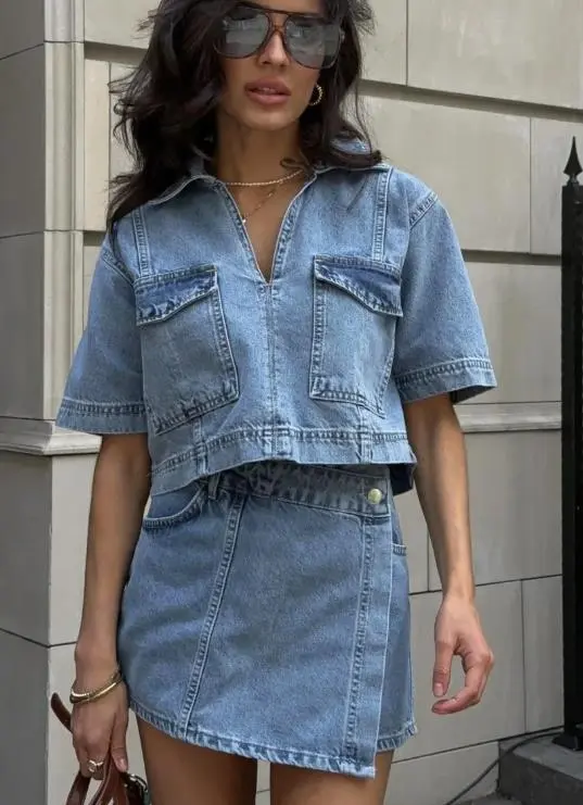 Summer V neck Short sleeved Top Summer Women's High Waist Irregular Light Blue - Shop at LoveMi
