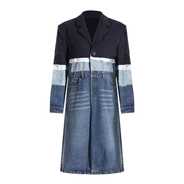 Autumn And Winter Contrast Color Splicing Coat Women's Mid length Blue - Shop at LoveMi