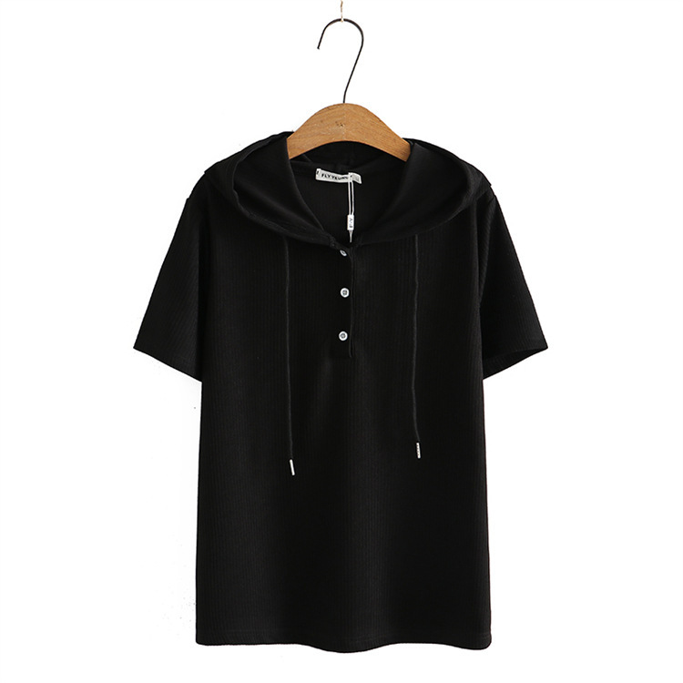 Women's Fashionable Simple Short-sleeved Shirt Loose Sunken Stripe Hooded Knitted T-shirt