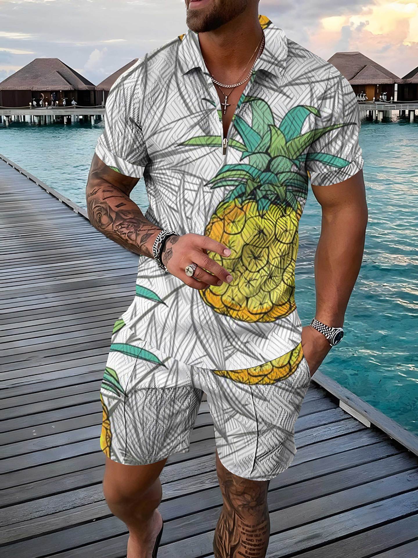 Mens Casual Short-sleeve Printed Top And Shorts Set