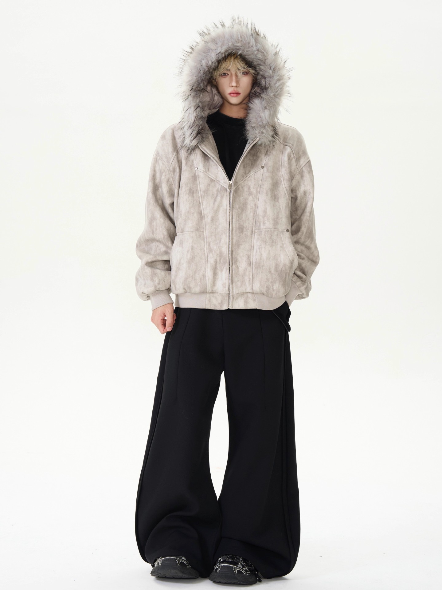 Men's Vintage Wash Suede-Touch Oversized Jacket with Plush Fur Hood