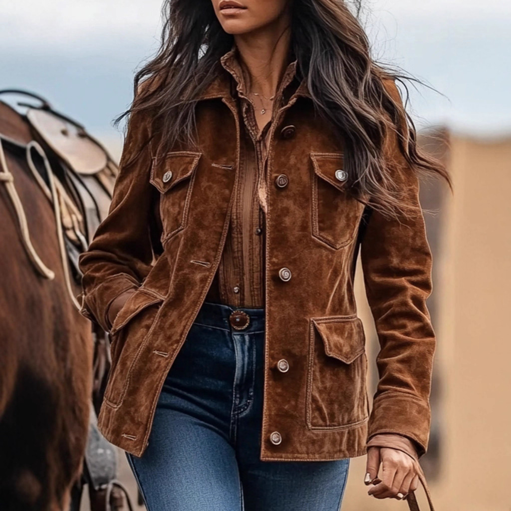 Women's Retro Suede Multi-Pocket Lapel Shirt Brown Short Jacket