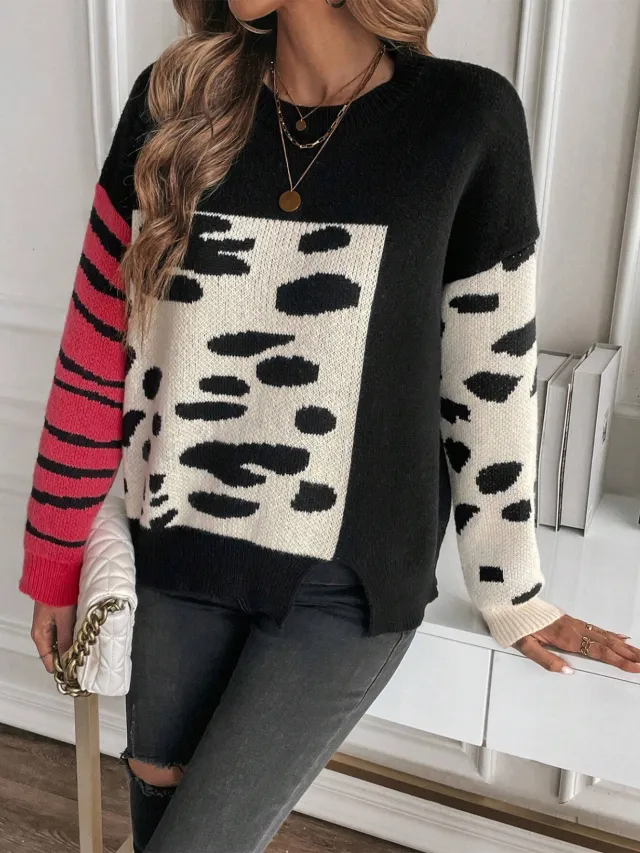 Threaded Round Neck Leopard Splicing Contrast Color Casual Sweater Leopard - Shop at LoveMi