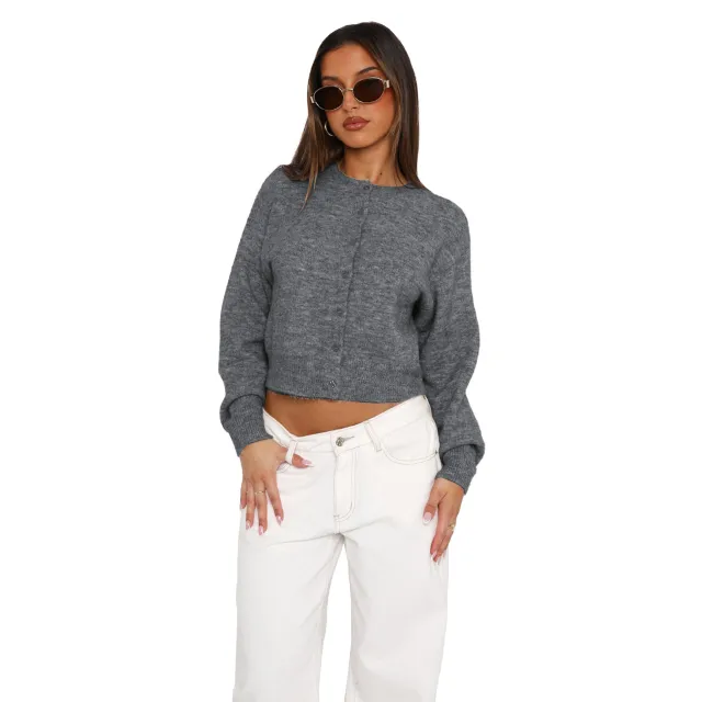 Comfort And Casual Solid Color Woolen Cardigan Short Coat Top Sweater Dark Gray - Shop at LoveMi