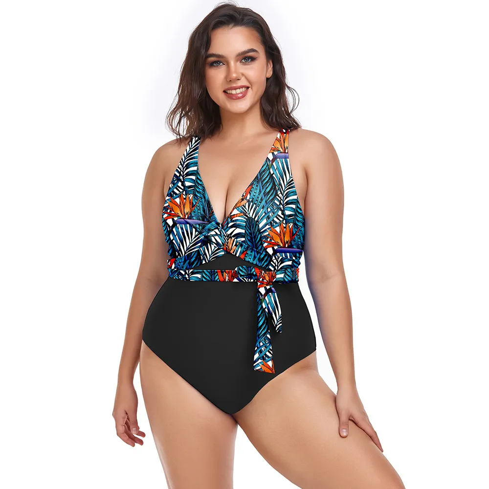 Women's Simple Casual Printed Sports One-piece Swimsuit - Wheat Flowers-4Xl