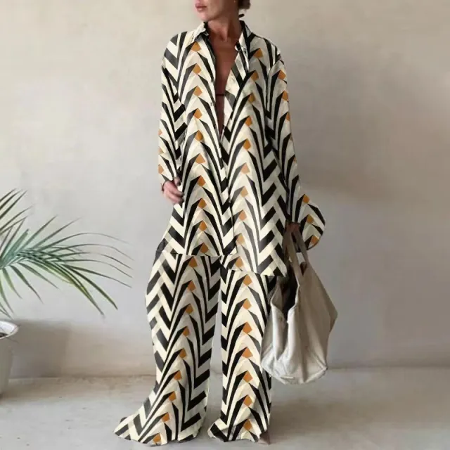 Fashion Printed Loose Long Sleeves Shirt Straight leg Trousers Women's Suit Inverted Triangle Xxl - Shop at LoveMi