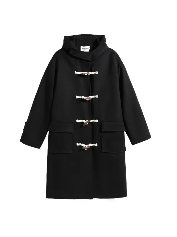 Long Black Toggle Button Wool Coat Women's Woolen Coat Black - Shop at LoveMi